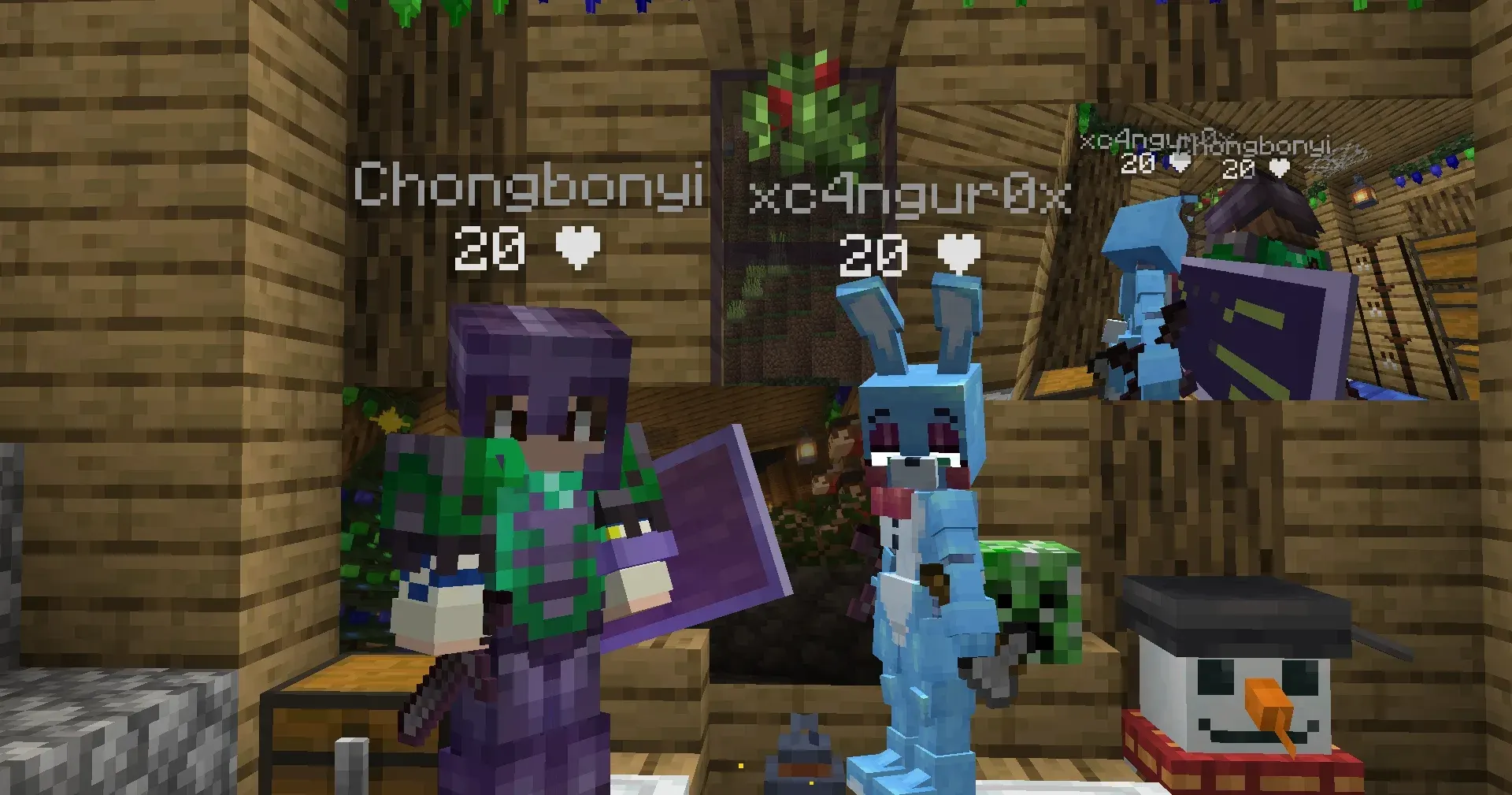 toy bonnie con un jugador en minecraft en una base